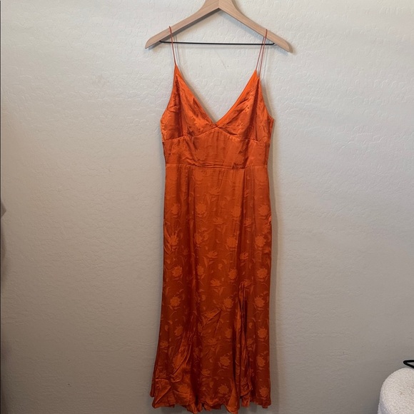SAU LEE Francesca Midi Maxi Spaghetti Strap Gown Orange Jacquard Leaves Print 10 - Picture 4 of 7